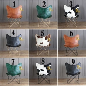 leather Butterfly Chairs different colors : Tan, Black & White Hide, Black, Brown and White Hide, Green Leather Gold and Black Frame