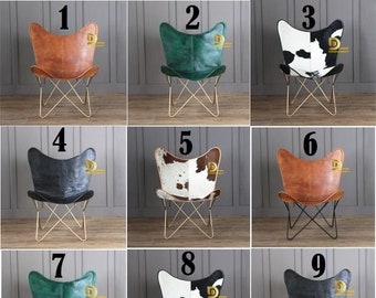 leather Butterfly Chairs different colors : Tan, Black & White Hide, Black, Brown and White Hide, Green Leather Gold and Black Frame