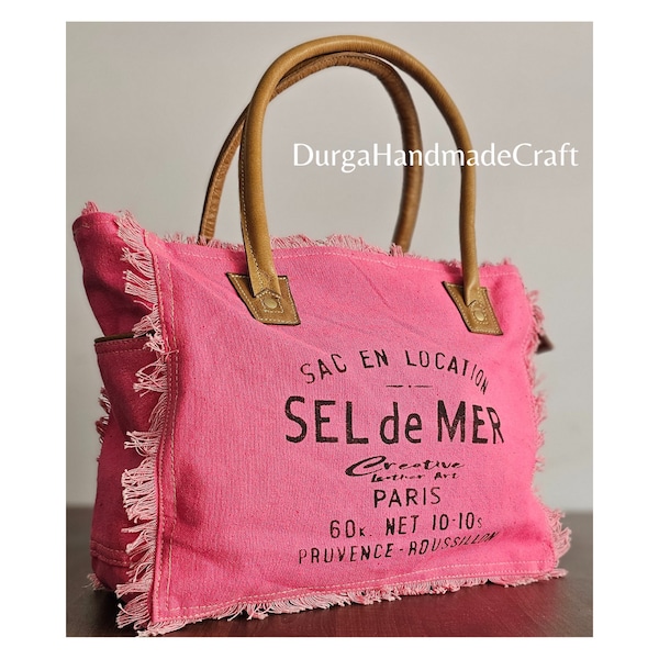 Sel De Mer Upcycled pink Canvas Tote Bags, Canvas Shoulder Handbag for Women,Gift For Her