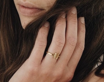 Ring, Minimalist, Jewelry, Filigree, Geometric, Gold, Brass, Design, Boho, Chic, Dainty, Gift for Her, Bar, T BAR RING