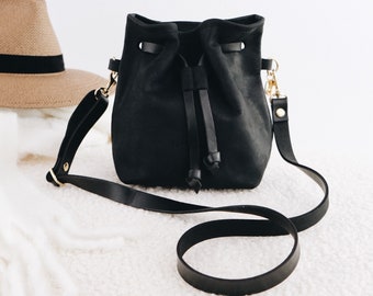 Leather Bucket Bag, Black, Small, Black Leather Handbag Women, Shoulder Bag, Bucket Bag Leather, Sustainable, Minimalist, ULAH MINI
