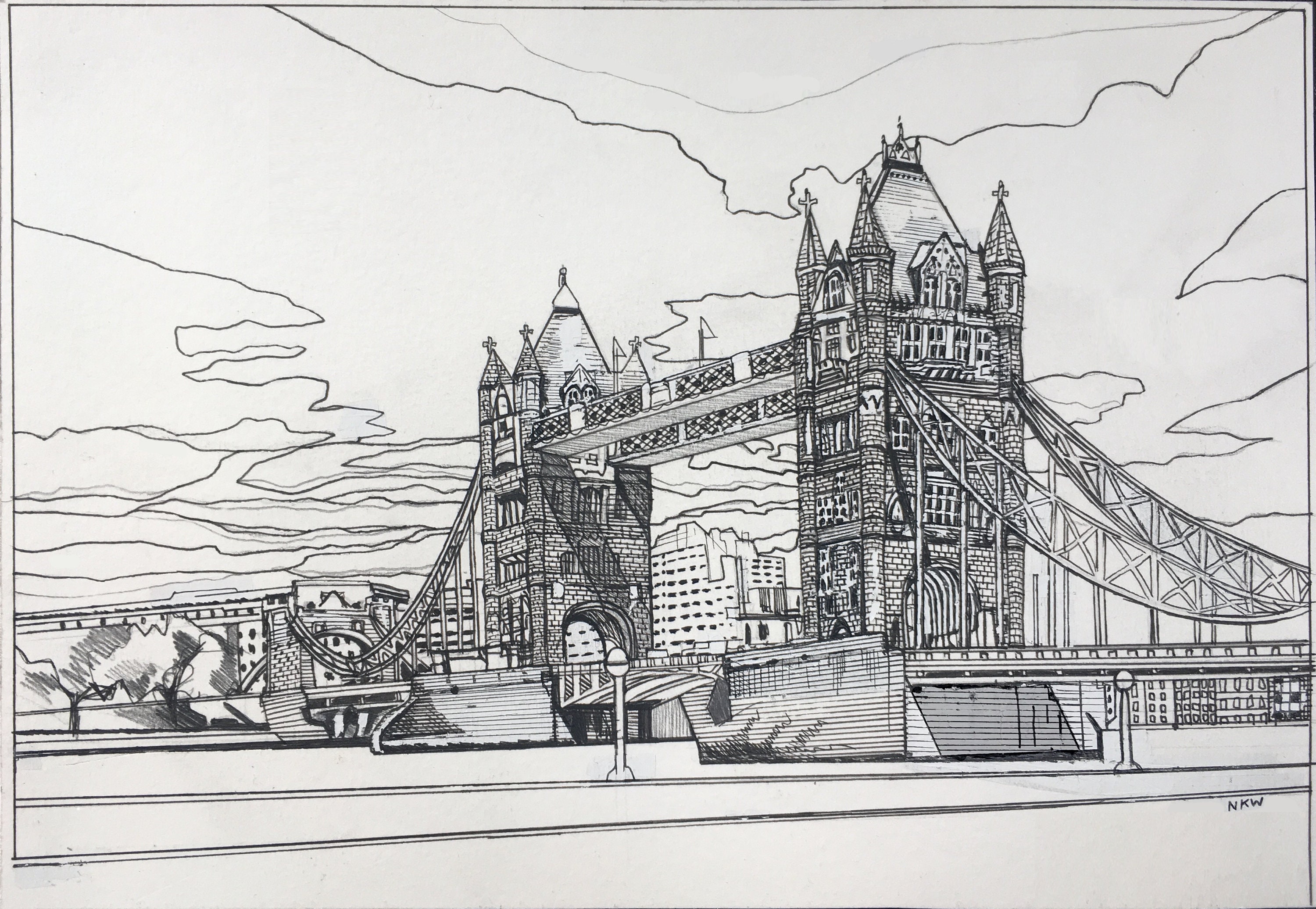Res. - Tower Bridge ,London 09.03.2022 . Freehand sketch Micro pigment pen  Black/Blue/Dark blue ink on 200 gsm. / 297x300 mm. | Facebook