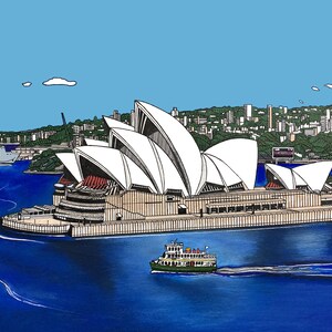 Sydney Opera House, Australia, Pen Drawing, Pastel, Fine Art Print, Wall hanging, Home Decor