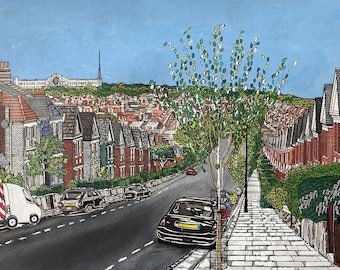 Terrace Street, Alexandra Palace, Londres, Pen Drawing, Illustration, Fine Art Print, Giclee, Wall Hanging, Home Decor