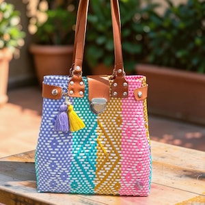 Large Mexican Tote Plastic Bag with Closure, Handmade Woven Purse, Bolsa Tejida de Plastico
