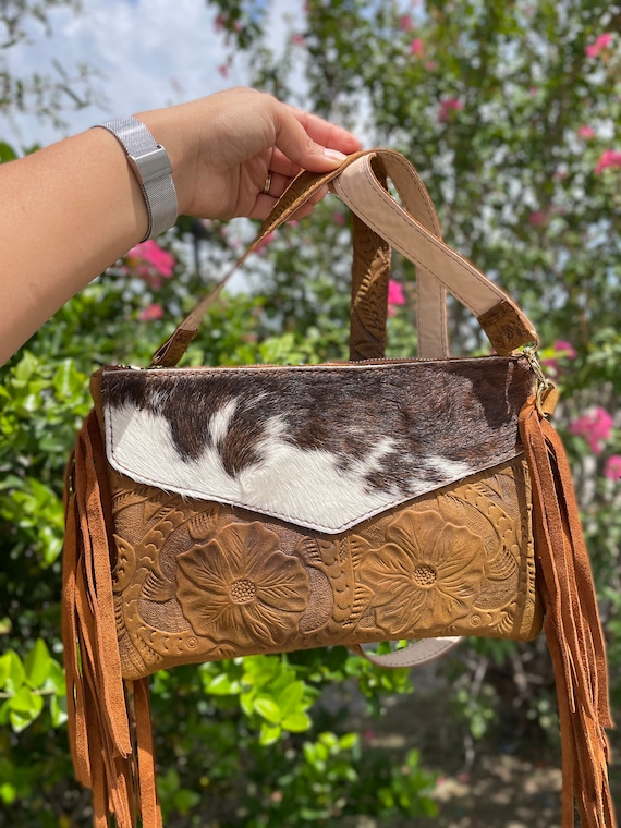 Genuine Cowhide Crossbody Purse Bag With Fringes Western 