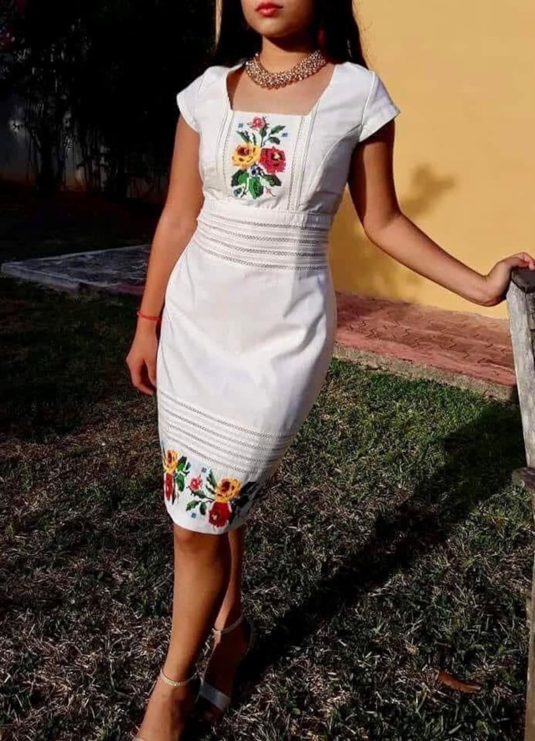 Vestido Yucateco Mexicano Bordado de punto de cruz Etsy Espa a