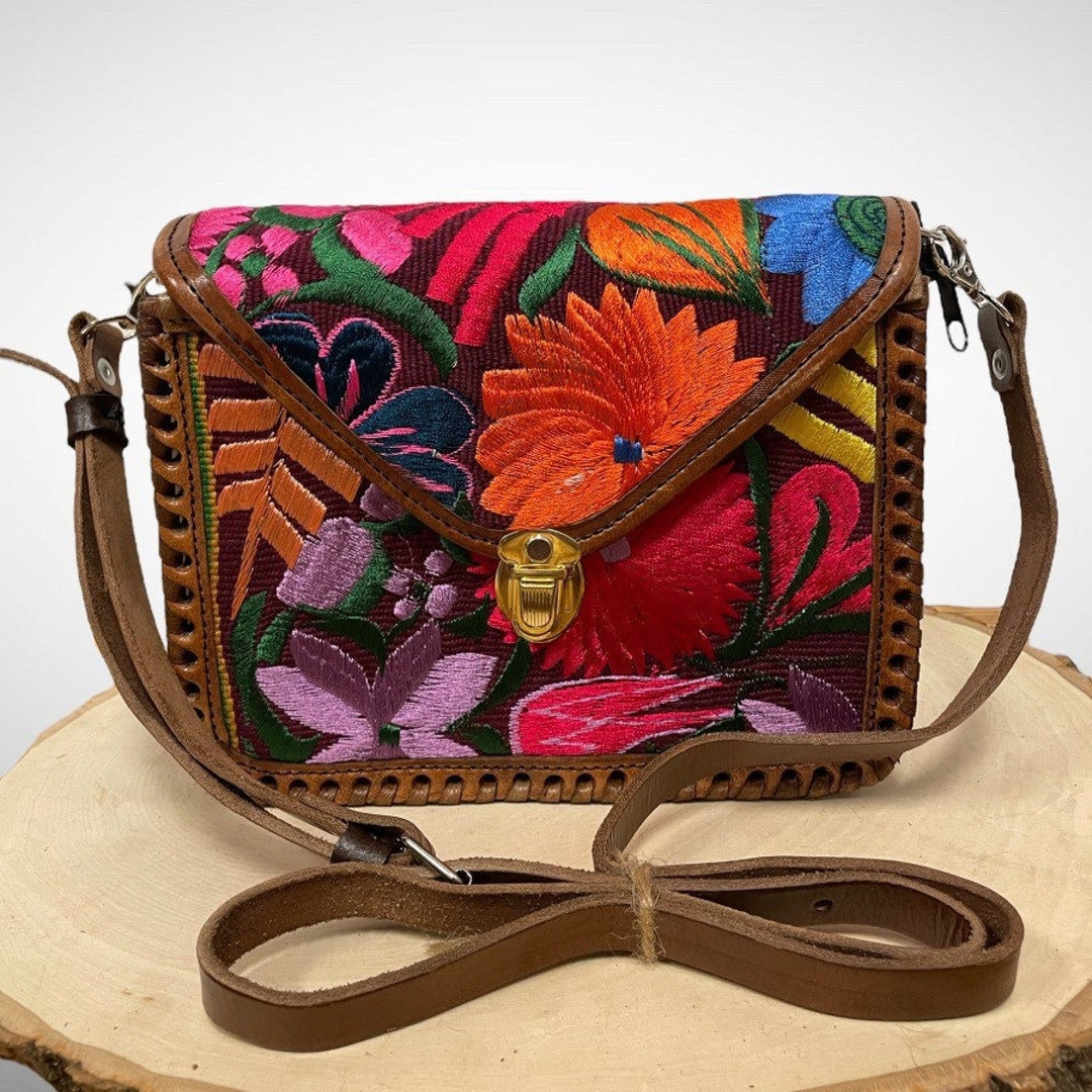 Leather Spliced Ethnic Embroidered Crossbody Bag