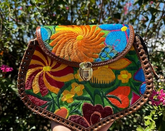 Leather Floral Embroidered Crossbody