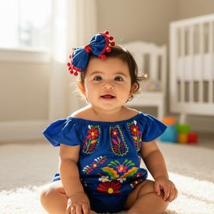 May include: A baby in a blue romper with floral embroidery and a matching bow headband with red pom-poms. The baby is sitting on a white carpet. The romper has an off-the-shoulder design.