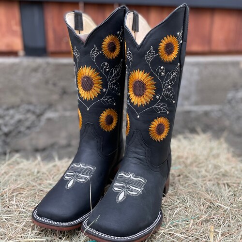 Womens Handmade Black Sunflower Boots 