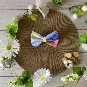 May include: A colourful bow tie with blue, yellow and pink stripes on a brown woven placemat surrounded by white daisies and green leaves.