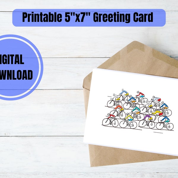 Printable Greeting Card for Cyclist, Triathlete, Colorful Illustration of Peloton, Group Ride Illustration - Birthday greeting for cyclist
