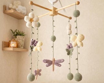 Crochet Crib Mobile with Flowers & Dragonfly, Neutral Boho Decor, Baby Shower Gift