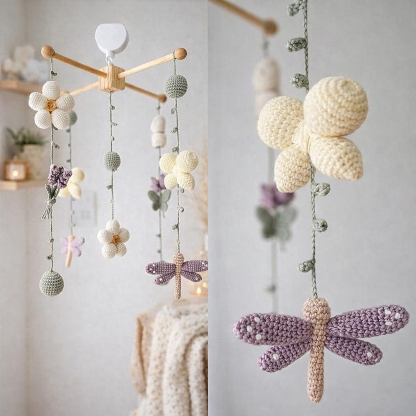 Crochet Crib Mobile With Flowers & Dragonfly, Neutral Boho Decor, Baby
