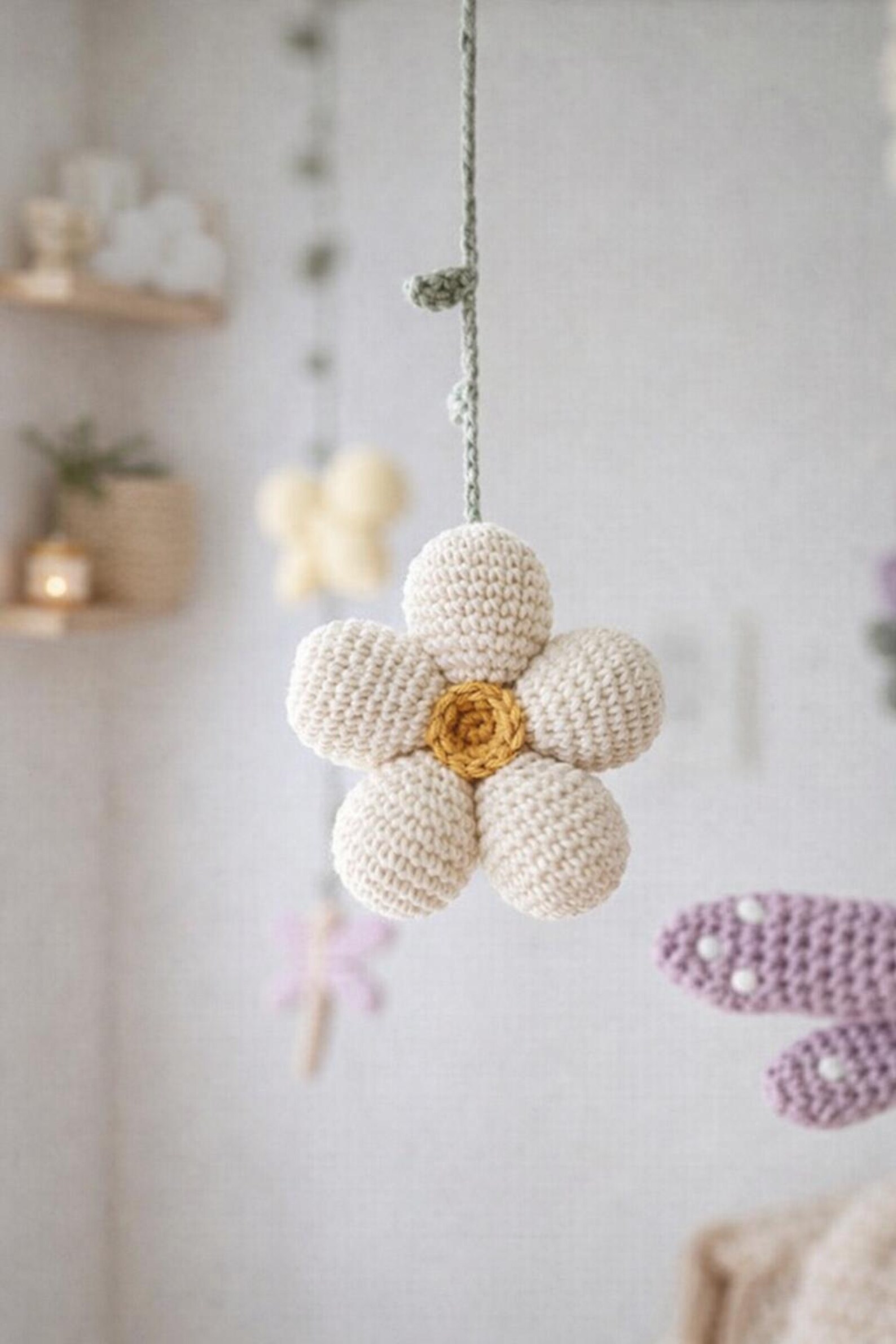 Crochet Crib Mobile With Flowers & Dragonfly, Neutral Boho Decor, Baby