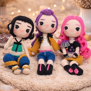 Kpop Demon Hunter Doll Set, Huntrix Amigurumi Plush, Handmade Crochet Fan Gift, Collectible Plush Set
