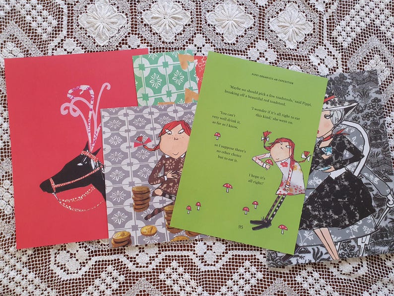 May include: Four colorful cards with illustrations and text. The cards feature a red reindeer, a girl with red hair, a girl with black hair, and a pattern of green and white tiles. The text on the cards reads: "Maybe we should pick a few mushrooms, said Pippa, breaking off a beautiful red toadstool." "You can't very well drink it, not as far as I know." "I suppose there's no other solution, but to eat it." "I hope it's all right."