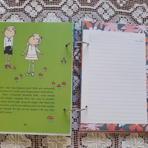 May include: An open book with a green cover and illustrations of two children. The book is open to a page with text about a field and a dagger. The opposite page is blank and has a floral design.