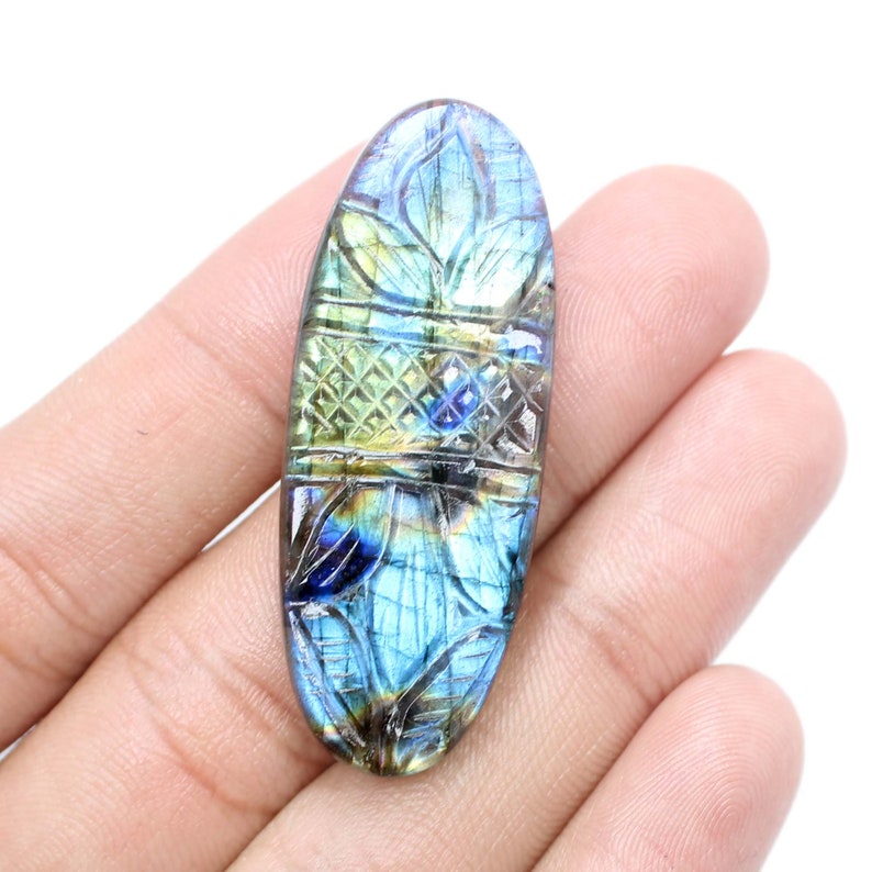 50/%OFF Natural Multi Flashy Labradorite Carving Gemstone Oval Shape Mughal Art Carving Labradorite Cabochon 48x18 mm Jewelry Gemstone LC-49