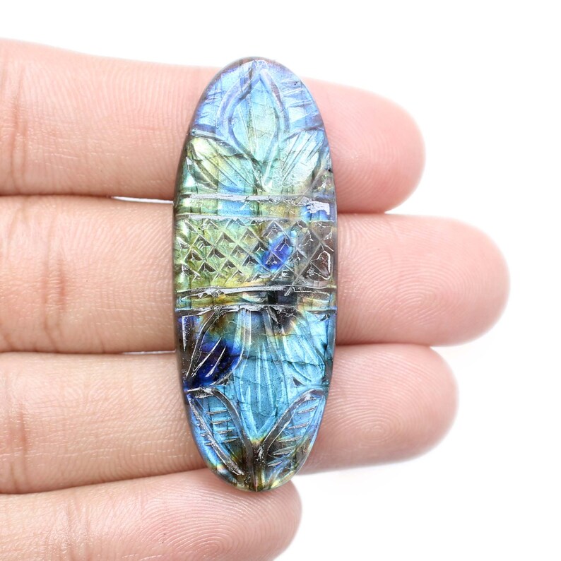 50/%OFF Natural Multi Flashy Labradorite Carving Gemstone Oval Shape Mughal Art Carving Labradorite Cabochon 48x18 mm Jewelry Gemstone LC-49