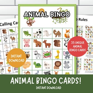 Animal Bingo Cards, 35 Bingo Cards, Animal Party Game, Animal Activity, Learn Game Animal Bingo, Instant Download, Printable Bingo Game