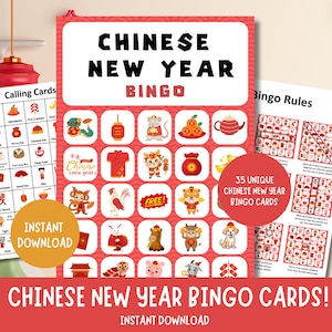 Cartes de bingo pour le nouvel an chinois, jeu de fête du nouvel an à imprimer pour les enfants, famille 2024 CNY, fête de jeux chinois, téléchargement PDF, 35 cartes différentes