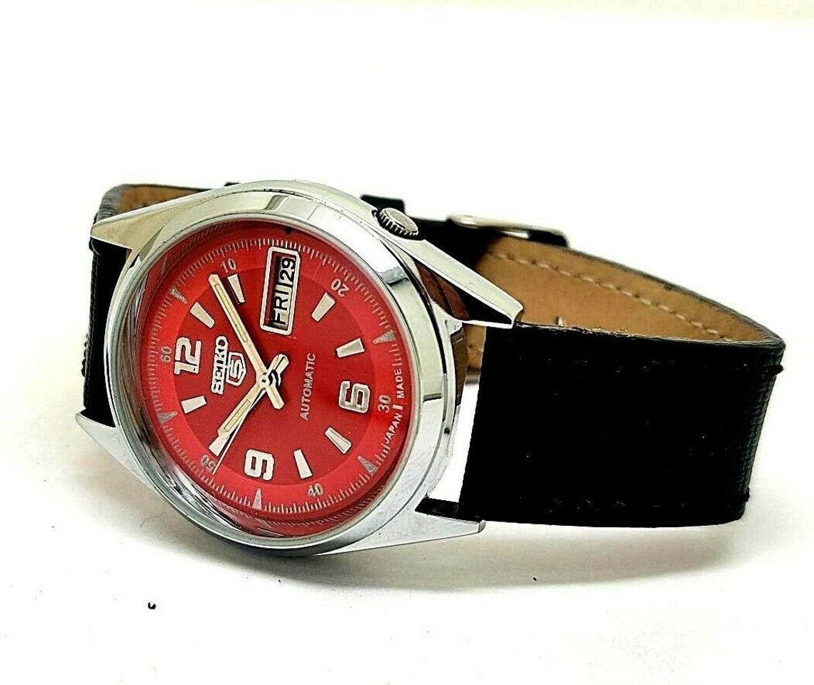 Seiko 5 Automatic Japan Made Vintage Watch Red Dial Day Date Etsy