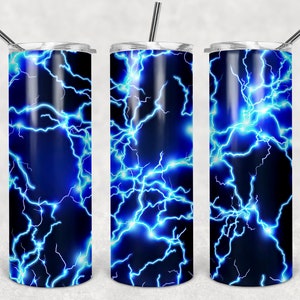 May include: Three stainless steel tumblers with a blue and black lightning bolt pattern.