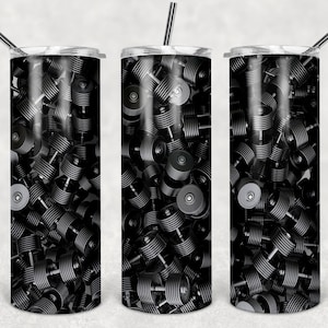 May include: Three black stainless steel tumblers with a pattern of black dumbbells. The tumblers are all the same size and shape.