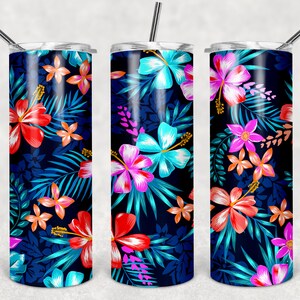 May include: Three stainless steel tumblers with a tropical floral pattern. The tumblers feature a dark blue background with bright pink, red, orange, and blue flowers. The flowers are surrounded by green leaves.