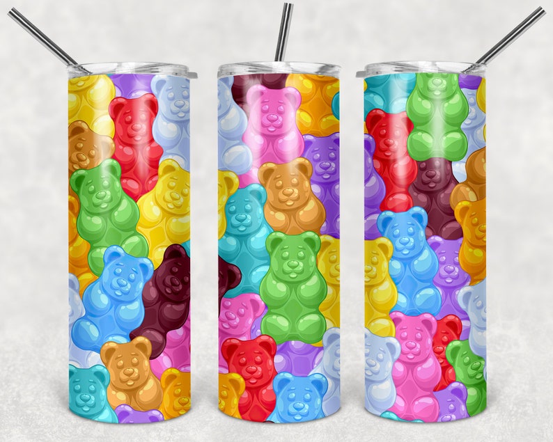 May include: A stainless steel tumbler with a colorful gummy bear pattern. The tumbler is 20 ounces and has a straw.