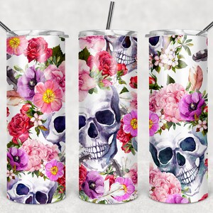Skull Pink Flowers Tumbler Wrap, Gothic Tumbler Wrap, digitaler DOWNLOAD für Sublimation, 20oz Tumbler Design, Skinny Tumbler Design, digital