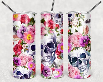 Skull Pink Flowers tumbler wrap, Gothic tumbler wrap, digital DOWNLOAD for sublimation, 20oz tumbler design, skinny tumbler design, digital
