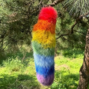 Può includere: Una coda soffice arcobaleno appesa a un ramo d'albero. La coda è fatta di pelliccia sintetica ed è lunga circa 30 cm.