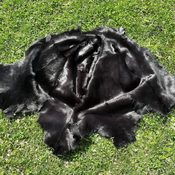 Custom Sew Capricorn Hide, Rug or Blanket in Any Size You Want, Genuine Real Goatskin, Soft Non-Slip Base Floor Carpet, Real Black Leather