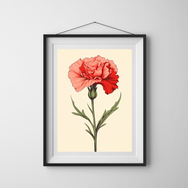 Retro Carnation Print, Retro Carnation Flower Wall Art, Vintage Carnation Painting, Floral Room Decor, Printable Botanical, Digital Download