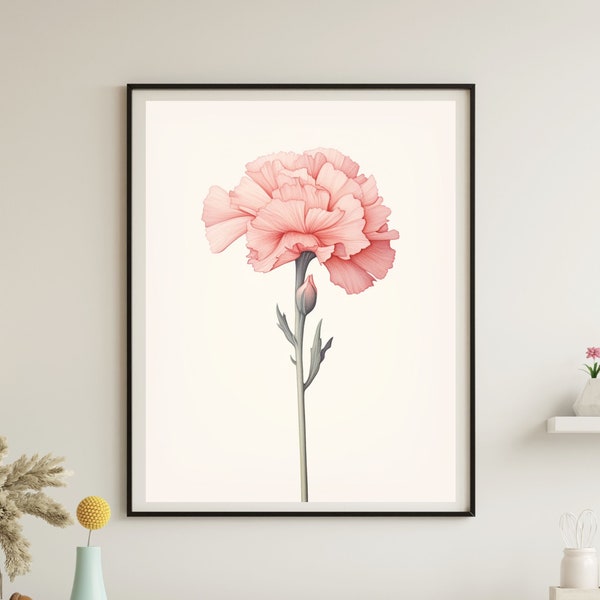 Carnation Print, Carnation Digital Flower, Flower Paintings, Watercolor Botanical Print, Floral Printable Art,Carnation and Plant Art Floral