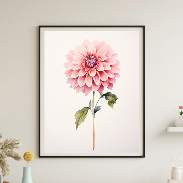 Watercolor Dahlia Print, Pink Dahlia Wall Art, Flower Painting, Minimalist Flower Art, Printable Botanical, Digital Download, Winter Gift