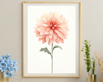 Printable Dahlia Digital Print, Pink Dahlia Wall Art, Flower Painting, Floral Room Home Decor, Botanical Flower Print, Minimalist Dahlia Art