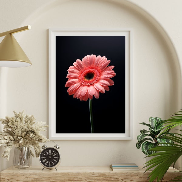 Fleur de gerbera, gerbera rose sur fond noir, art mural imprimable, fleurs de haute qualité, peinture botanique, impression d'art floral