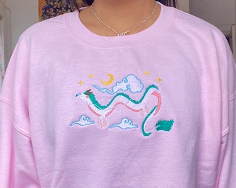 A Dragons Moonlit Starry Night -  Embroidered Dragon Sweatshirt, cute, kawaii, otaku sweatshirt