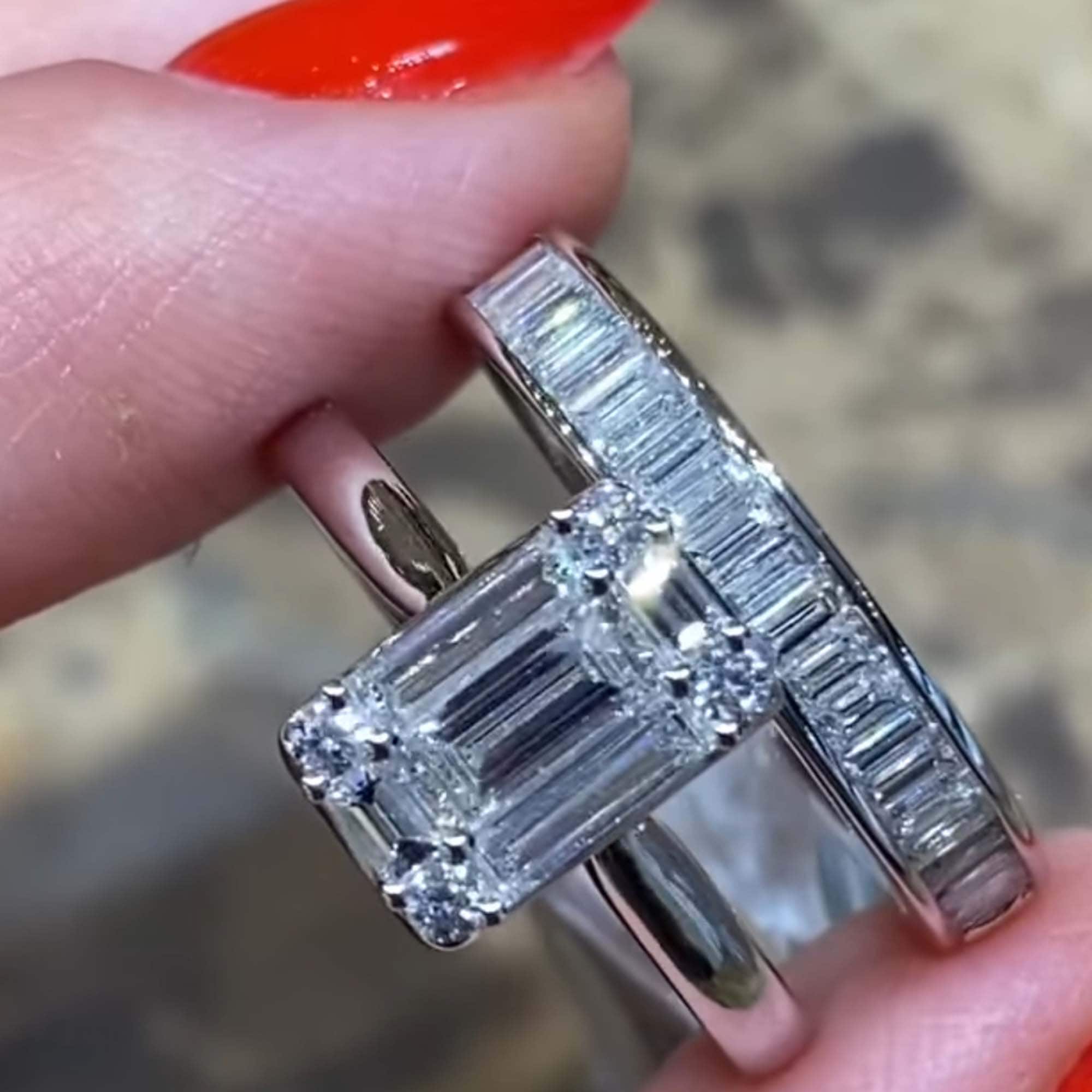 3 Ct Diamond Emerald Cut Engagement Ring Bridal Set Solitaire Etsy