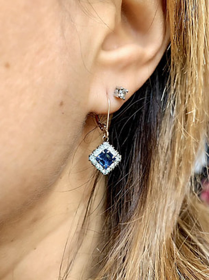 Square Drop Earrings For Women Halo Earrings 1 Ct Art Deco Silver /& Sparkling Blue Earrings 14KT White Gold Finish Anniversary Gift