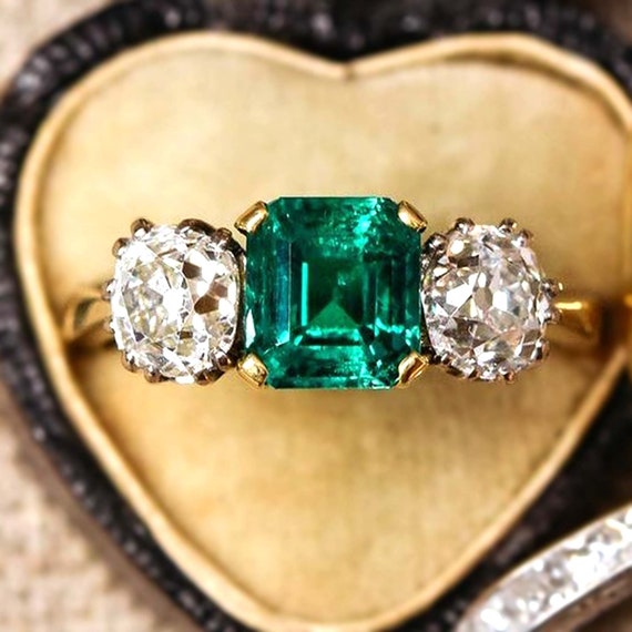 5Ct Emerald Cut Green Emerald & Diamond Engagement Ring 14K Two Tone Gold Finish