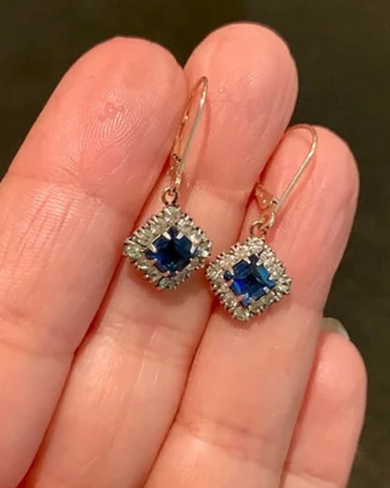 Square Drop Earrings For Women Halo Earrings 1 Ct Art Deco Silver /& Sparkling Blue Earrings 14KT White Gold Finish Anniversary Gift