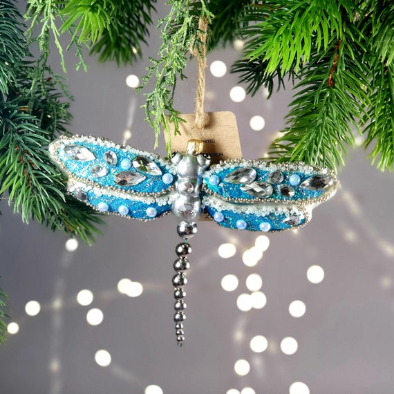 Magic Christmas Glass Ornament Blue Dragonfly With Pearls and Gem