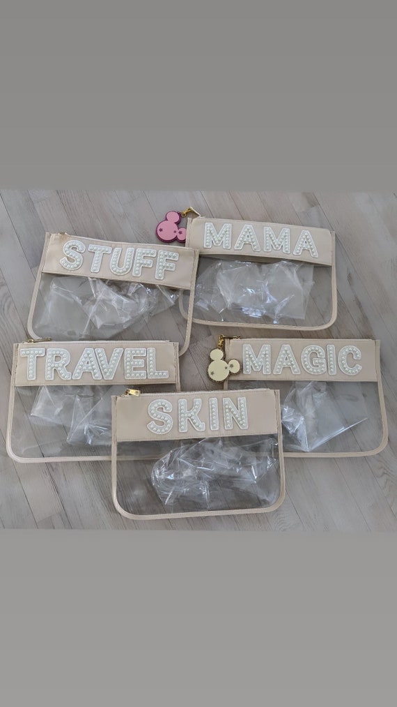 SEWN ON pearl patch nylon clear mama pouch- sewn on skin pearl clear pouch- sewn on pearl magic Disney clear pouch- travel makeup pouch-