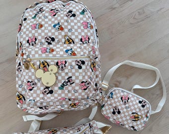 Ready to ship Classic checkerboard Mickey Mouse and friends printed backpack- classic checkerboard Mickey and friends Fanny- Mickey mouse