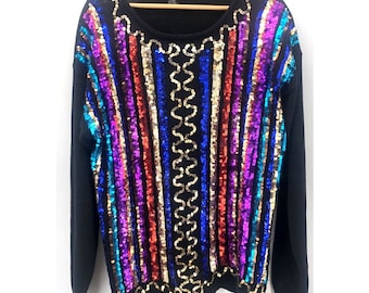 Vintage 80s Le Chois Sequin Sweater Large Bling Glam Abstract Party Holiday